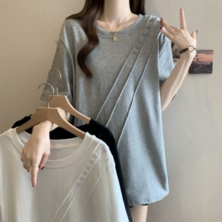 愛依依 大碼女裝 短袖T恤 純色上衣 中長款 S-4XL新款胖mm寬鬆顯瘦遮肉時尚上衣-4879.