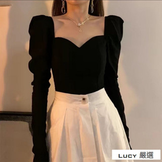 Lucy💕法式復古泡泡袖上衣女秋冬緊身顯瘦設計感小眾性感長袖方領T恤潮