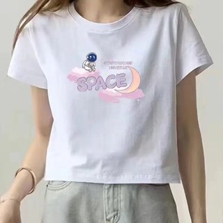 胖胖美依 短版上衣 短袖T卹 印花上衣 簡約 露臍 S-2XL新款短袖印花高階圓領T卹寬鬆短上衣-6956.