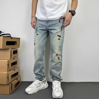 2025春季新款男士牛仔褲 直筒微擴寬鬆牛仔褲 刺繡水洗藍色牛仔長褲痞帥港風青年