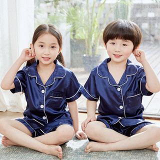 女童睡衣Girls' pajamas兒童睡衣夏季短袖模擬絲男女童寶寶小孩童裝薄款空調家居服套裝夏新款25.6.3