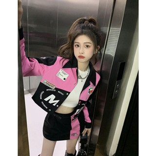 ✨桃園發貨✨ 美拉德 鞦鼕 穿搭 套裝 棒球服 機車風 短褲 外套 美式 辣妹鞦 女半身 包臀裙 短裙 兩件套 酷 辣
