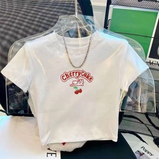 胖胖美依 短版上衣 短袖T卹 印花上衣 簡約 S-2XL新款櫻桃印花短袖修身顯瘦新款辣妹小眾上衣-6900.