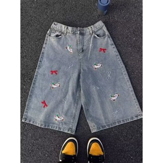 【HOT 本舖】男裝 美式復古水洗牛仔褲男款夏季潮流小狗刺繡直筒闊腿中褲七分休閒褲