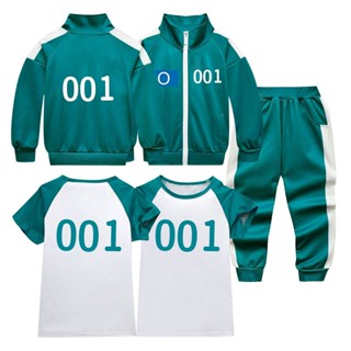 兒童 001 運動服魷魚遊戲 2 衣服 T 恤 NO.001 夾克褲子套裝嘉年華派對角色扮演男孩女孩兒童萬聖節兒童服裝