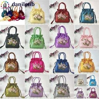 DANILO漢服抽繩袋,緞面絲綢葉子刺繡花朵手提包,優雅民族風格韓語購物袋小錢包錢包旅行