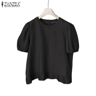 ZANZEA 女式韓版時尚圓領泡泡袖褶襉下擺寬鬆上衣 Presale
