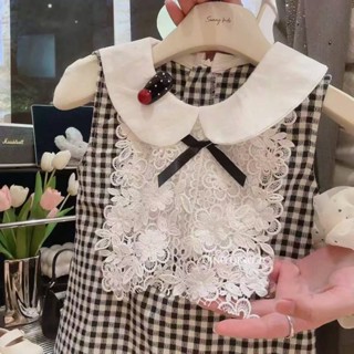 【HOT 本舖】童裝 女童法式千金禮服娃娃領蕾絲格子公主連衣裙2025夏季新款500103