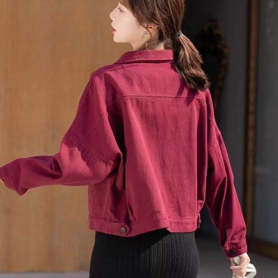 #牛仔外套 短外套 牛仔衣 外套，寬鬆韓時尚酒紅色上衣女Loose Korean Fashion Burgundy To