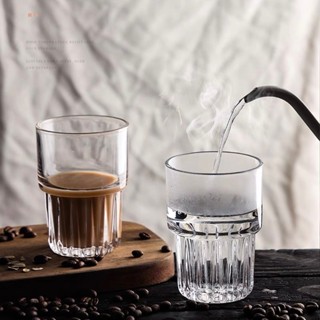 D0530-時尚條紋ins風高檔玻璃杯 精緻透明咖啡杯 複古玻璃杯子 320毫陞 高顔值冰美式杯子 家用拿鐵杯 享受美好