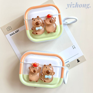 Airpods 4 Pro 2 3 1 3D 卡通水豚裝飾可愛軟 TPU 防震耳機套帶防丟環扣藍芽耳塞套殼