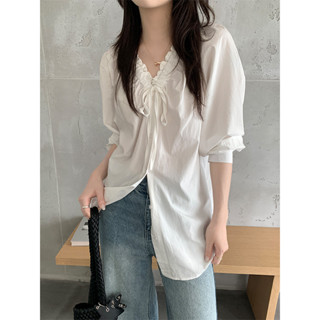 【HOT 本舖】 綁帶長袖薄款防曬襯衣女2025夏季韓系木耳邊v領襯衫上衣