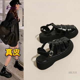ABL535 真皮包頭羅馬涼鞋女2025夏季新款鬆糕厚底編織豬籠鞋一字扣沙灘鞋