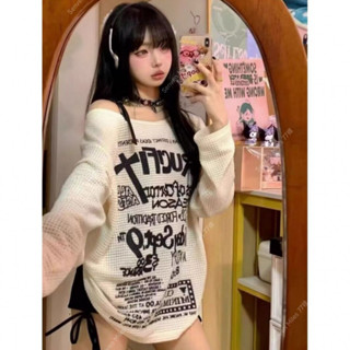 💕限時購💕 甜辣純欲慵懶風字母印花露肩長袖T恤春夏百搭新款寬鬆顯瘦上衣潮