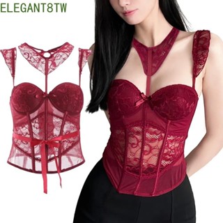 ELEGANT8TW蕾絲吊帶背心內褲套裝,鏤空網眼無袖款女士內衣,睡裙修身版型蝴蝶結蕾絲緊身胸衣