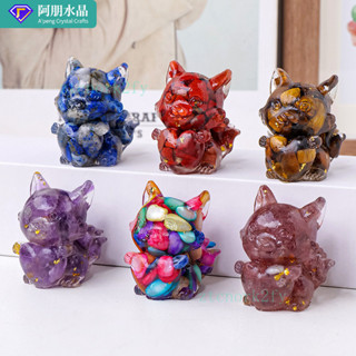 ✨ 天然水晶 工藝品 居家擺件 ✨天然水晶碎石滴膠愛心九尾狐抱心小狐狸擺件傢居辦公桌擺件 TRSST