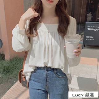 Lucy💕甜美減齡方領長袖襯衫女2025新款氣質法式鎖骨小眾白色雪紡衫上衣
