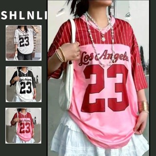 夏季條紋短袖休閒T恤街頭風女V領印花上衣