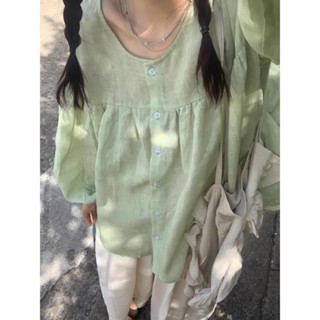 【HOT 本舖】 棉麻長袖襯衫女夏季薄款防曬開衫外搭襯衣圓領寬鬆娃娃衫外套上衣