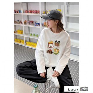 Lucy💕秋季新款打底衫小眾長袖T恤女|寬鬆顯瘦衣服|卡通圖案印花 t恤|圓領T恤|長袖上衣