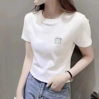 胖胖美依 短版上衣 短袖T卹 印花上衣 簡約 露臍 S-2XL新款薄款短袖體卹設計百搭短款修身顯瘦上衣-6961.