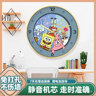 清倉特價~海綿寶寶圓形掛鍾派大星兒童房客廳用鍾錶卡通可愛早敎時鍾靜音