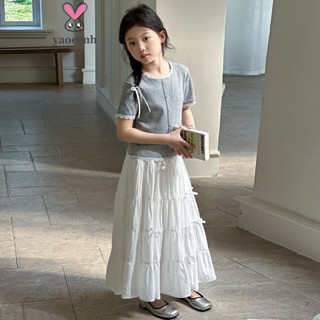 【YAOEENH】100-170CM 夏季女童公主短袖半身裙套裝 中大童蛋糕蝴蝶結長裙兩件套 現貨 快速出貨