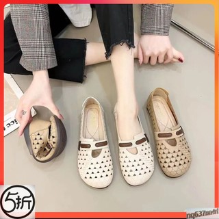熱銷-港新優選-夏季新款真皮涼鞋防滑軟底洞洞鞋女繡花鞋子女鞋大碼媽媽鞋一腳蹬
