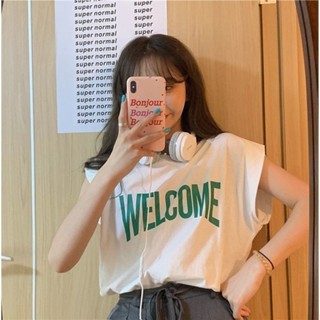 韓版ins潮純棉復古港風無袖背心T恤 女生短版上衣著 夏季正肩男友風 學生學院風寬鬆百搭個性運動衫大學T