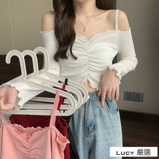 Lucy💕2025春裝法式一字領上衣女ins洋氣t恤女長袖泫雅木耳花邊鎖骨短版