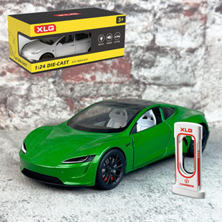 兒童玩具車XLG盒裝1:24特斯拉R合金汽車模型回力聲光玩具敞篷跑車帶電樁盒裝