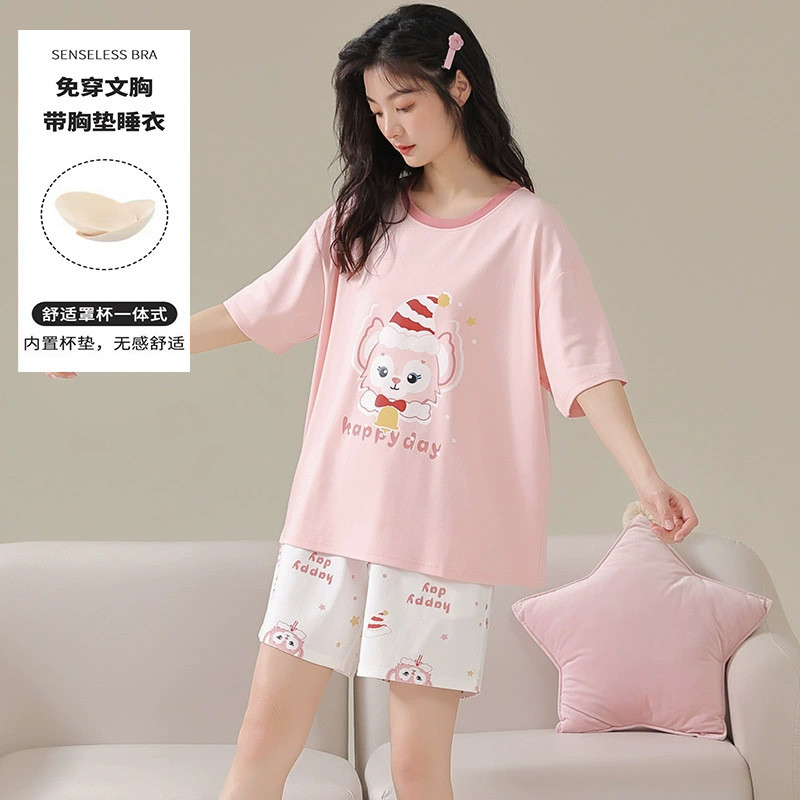 睡衣帶胸墊短袖短袖睡衣帶胸墊睡衣女夏季帶胸墊夏天休閒卡通大碼可外穿家居服兩件套裝 TKHA