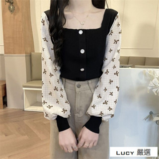 Lucy💕秋季2025年新款法式小眾方領拼接假兩件短版針織打底衫長袖上衣女