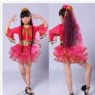 少兒印度舞表演服肚皮舞套裝跳舞蹈服裝新疆兒童裙子民族舞表演服//6.10