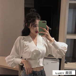Lucy💕chic秋季小心機 V領交叉 收腰寬鬆短版 襯衫2025新款 韓版長袖上衣女