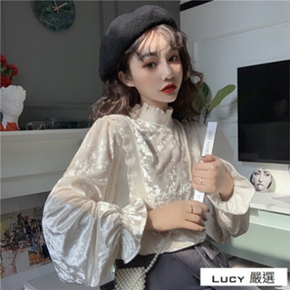 Lucy💕小心機2025秋季新款韓版法式絲絨木耳邊拼接立領泡泡袖長袖上衣女