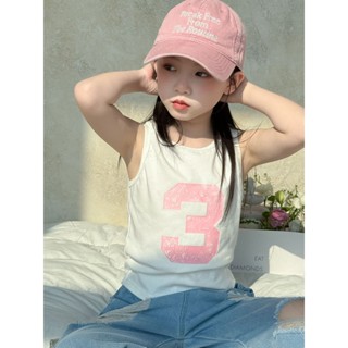 童T恤2025夏季新款女童字母印花無袖背心兒童T恤休閒上衣打底衫