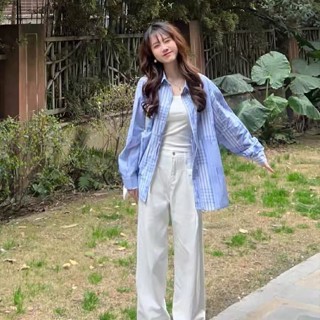 【HOT 本舖】 日系復古拼接藍色格子襯衫外套女春夏新款寬鬆休閒別致防曬上衣潮