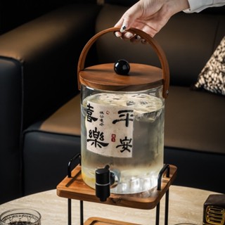 臺灣出貨 冷水壺 酒吧酒桶 高顏值果汁桶 涼水壺帶水龍頭 飯店餐飲自助餐專用冷水壺 家用實木玻璃冷水桶帶龍頭 酒吧可樂桶