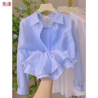 [店鋪熱銷]POLO領長袖褶皺防曬襯衫女 夏季時尚洋氣百搭刺繡薄款開衫外套 ✧