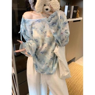 【HOT 本舖】童裝 竹節螺紋 斜領系帶暈染蝴蝶結女春夏季長袖薄款防曬罩衫上衣
