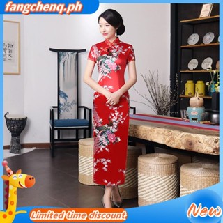 女裝長款旗袍晚禮服旗袍孔雀印花新年禮服尺碼 S/XXXL