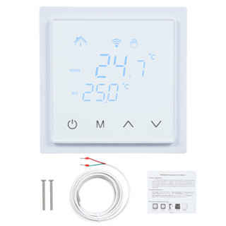 面板數顯溫控器 室內恆溫器 16A 家用地暖溫度控制 電纜電暖採暖 85-250V電暖控制器 帶LED觸控式螢幕 白色 MH