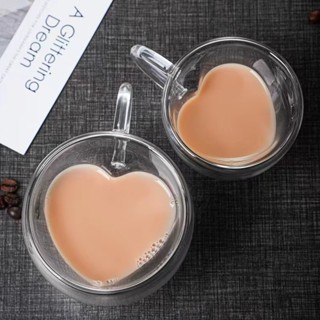 現貨=快速發出 創意玻璃杯帶把雙層杯愛心心形果汁杯 耐熱小茶杯隔熱帶把咖啡杯