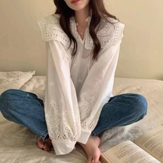 【HOT 本舖】 韓系ins設計感小眾刺繡鏤空鈎花氣質優雅蕾絲襯衫女純色襯衣上衣