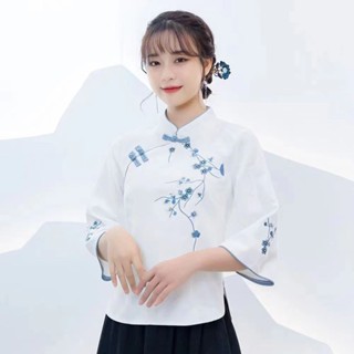 旗袍民族風女裝棉麻繡花立領緊身上衣復古半身裙刺繡藝文茶服