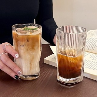D0612-家用冰美式咖啡杯 拿鐵杯 玻璃杯 果汁杯 飲料杯子 不規則扭扭杯 ins風直身杯 無色透明 450毫陞