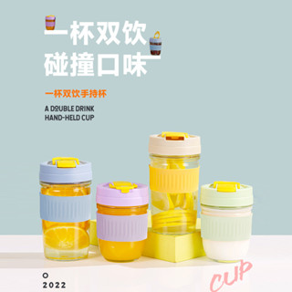 便攜咖啡盃可愛卡通玻璃水盃一蓋兩用雙飲帶吸管奶茶盃 FF06