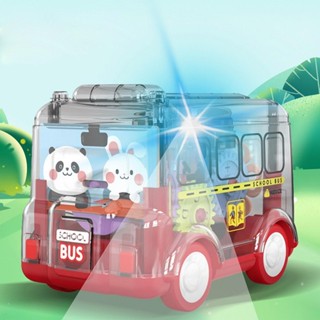 慣性迴力汽車玩具摩擦動力發光校車按和走透明彩色齒輪卡通車玩具shopebanmy