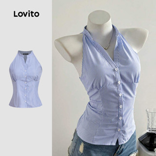 Lovito 女士休閒條紋扣環幾何褶皺夏季春季藍白背心 L135ED386